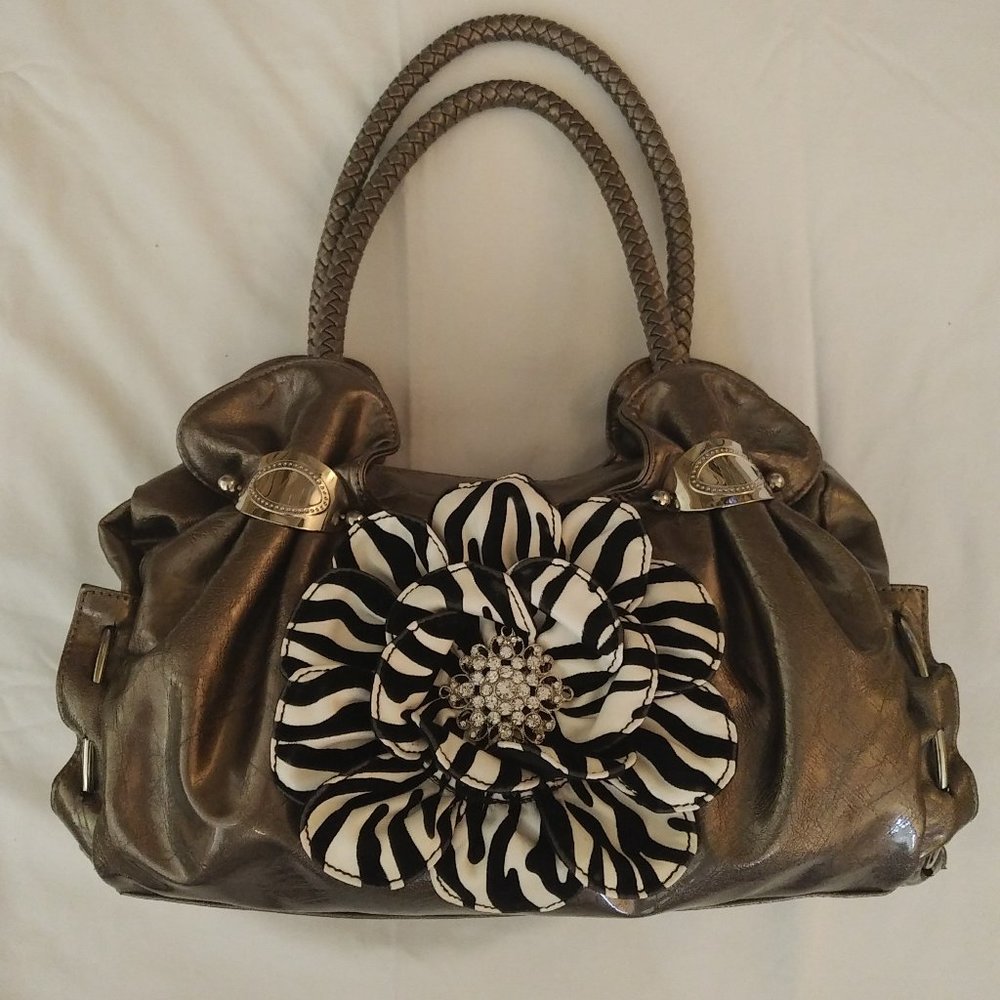 Beautiful Taupe Metallic Purse w/Flower